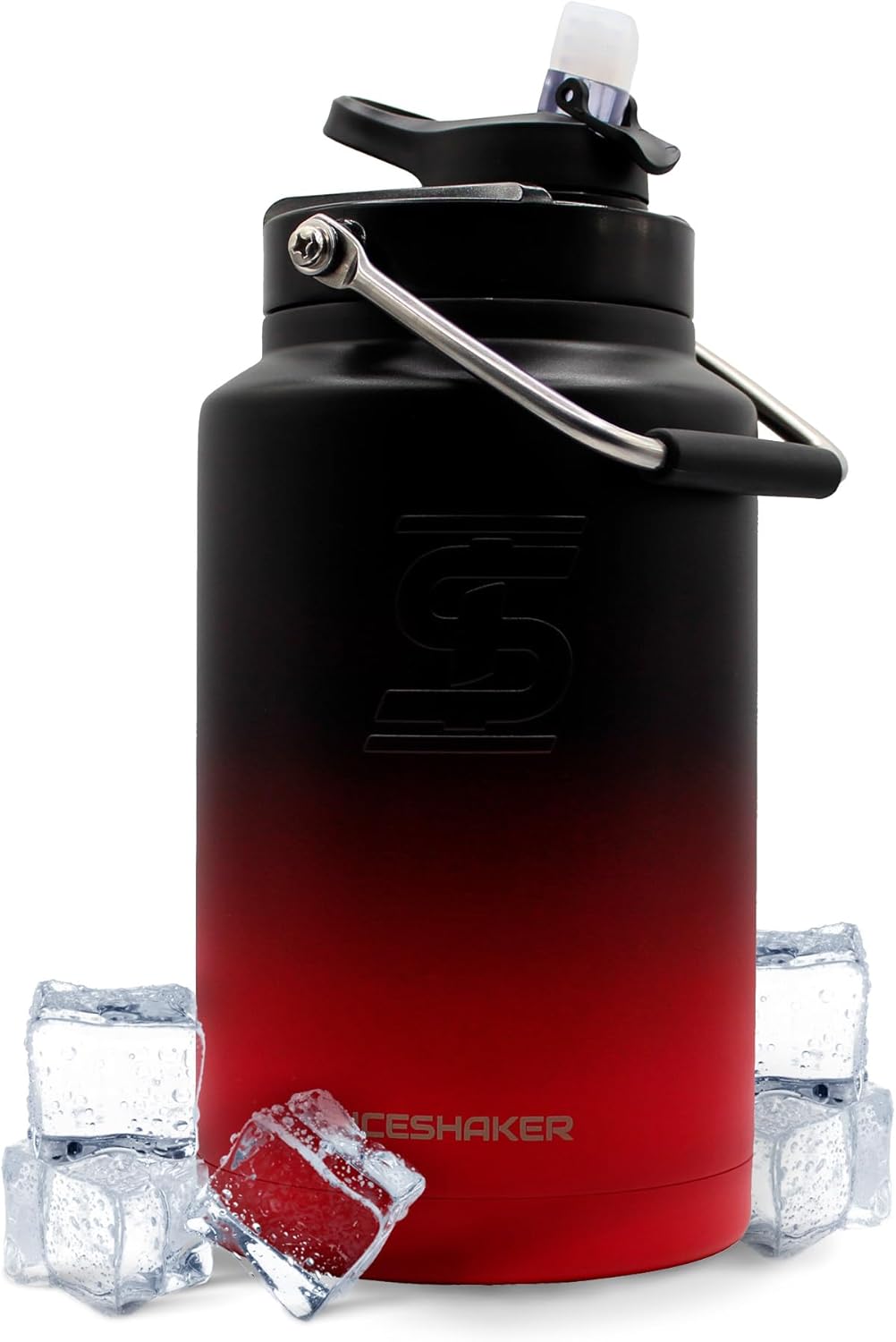 Ice Shaker Insulated Stainless Steel Gallon Water Jug | 128 Oz, Red and Black | Stays Cold for 60+ Hours | Multi-purpose lid | Odor-Free Outdoor Water Jug for Sports, Camping, Hiking, Working Out
