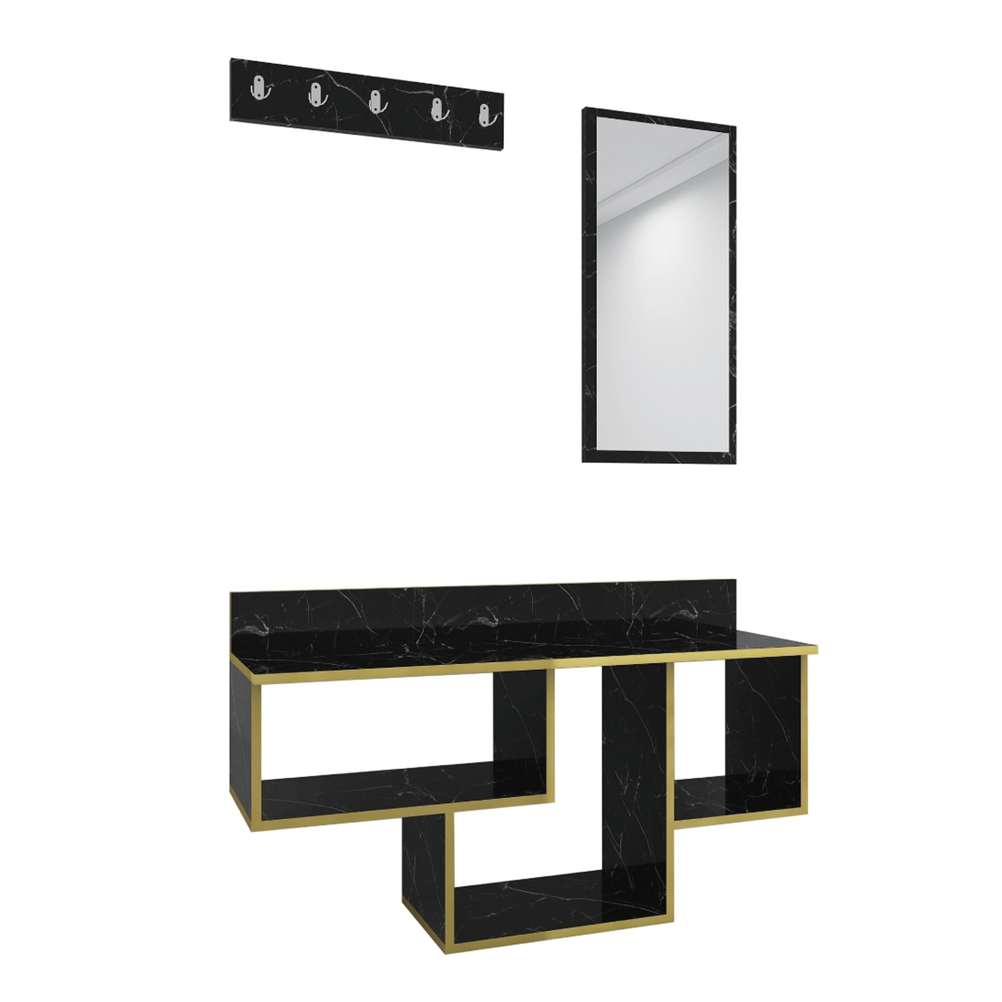 WELL HOME MOBILIARIO & DECORACIÓN Conjunto de RECIBIDOR, conglomerado recubierta melamina, con Espejo Negro-Ribete Dorado