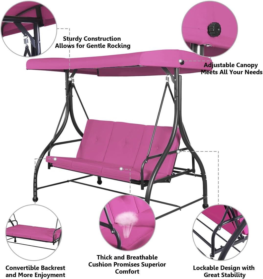 Tangkula 3 Seats Converting Patio Swing, Outdoor Porch Garden Canopy Swing with Comfortable Cushion Seats & Adjustable Tilt Canopy, Heavy Duty Hammock 3 Persons Porch Swing (Rose Red)