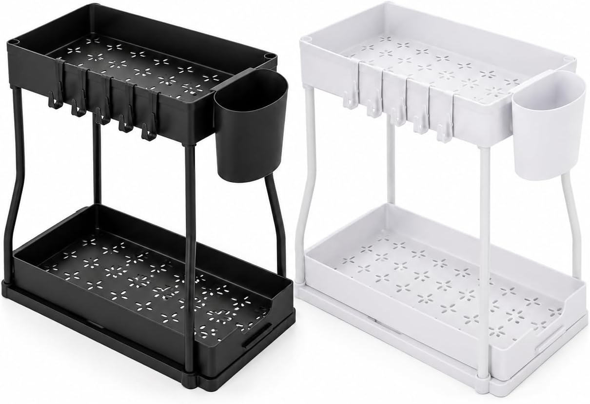 2 Tier Under Sink Organizer with Pull Out Drawer, Metal Frame Storage Rack with Plastic Trays, Bathroom Cabinet Organizer with Side Cup and Hooks, Kitchen Counter Storage Shelf for Cleaning Supplies