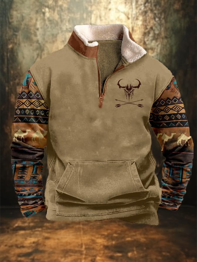 LOAIHA Hoodies for Men Aztec Jacket Long Sleeve 1/4 Zip Western Pullover Men Vintage Cowboy Sweatshirt Ethnic Country Jacket - Image 2