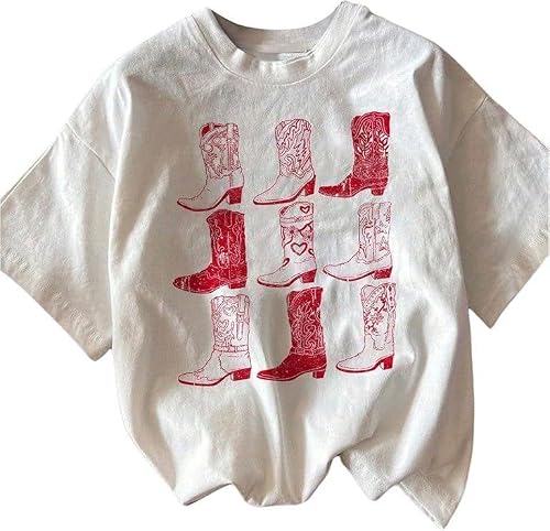 QJQ Women's Letter Graphic Tshirts Cherry Car Short Sleeve Crewneck Tees Casual Summer Trendy Vintage Drop Shoulder Tops Red Shoes Medium