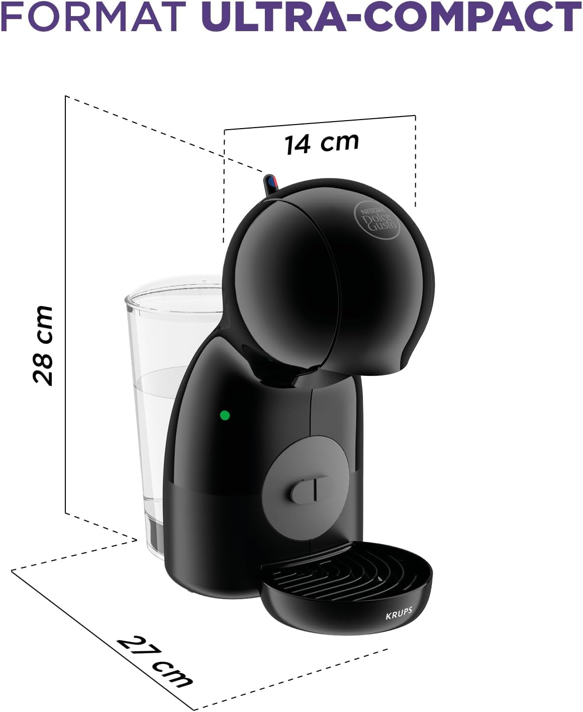 Dimensions of the Krups Nescafé Dolce Gusto Piccolo XS coffee machine: 14 cm width, 28 cm height, 27 cm depth