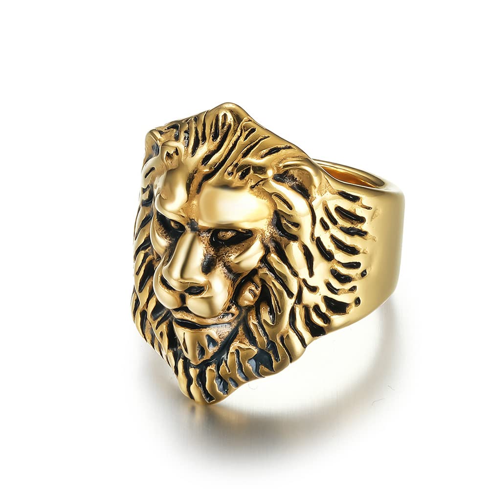 MeilordAnillo de rey león para hombres y niños retro gótico cabeza de león anillos de titanio de acero inoxidable anillo de boda anillo de oro plateado