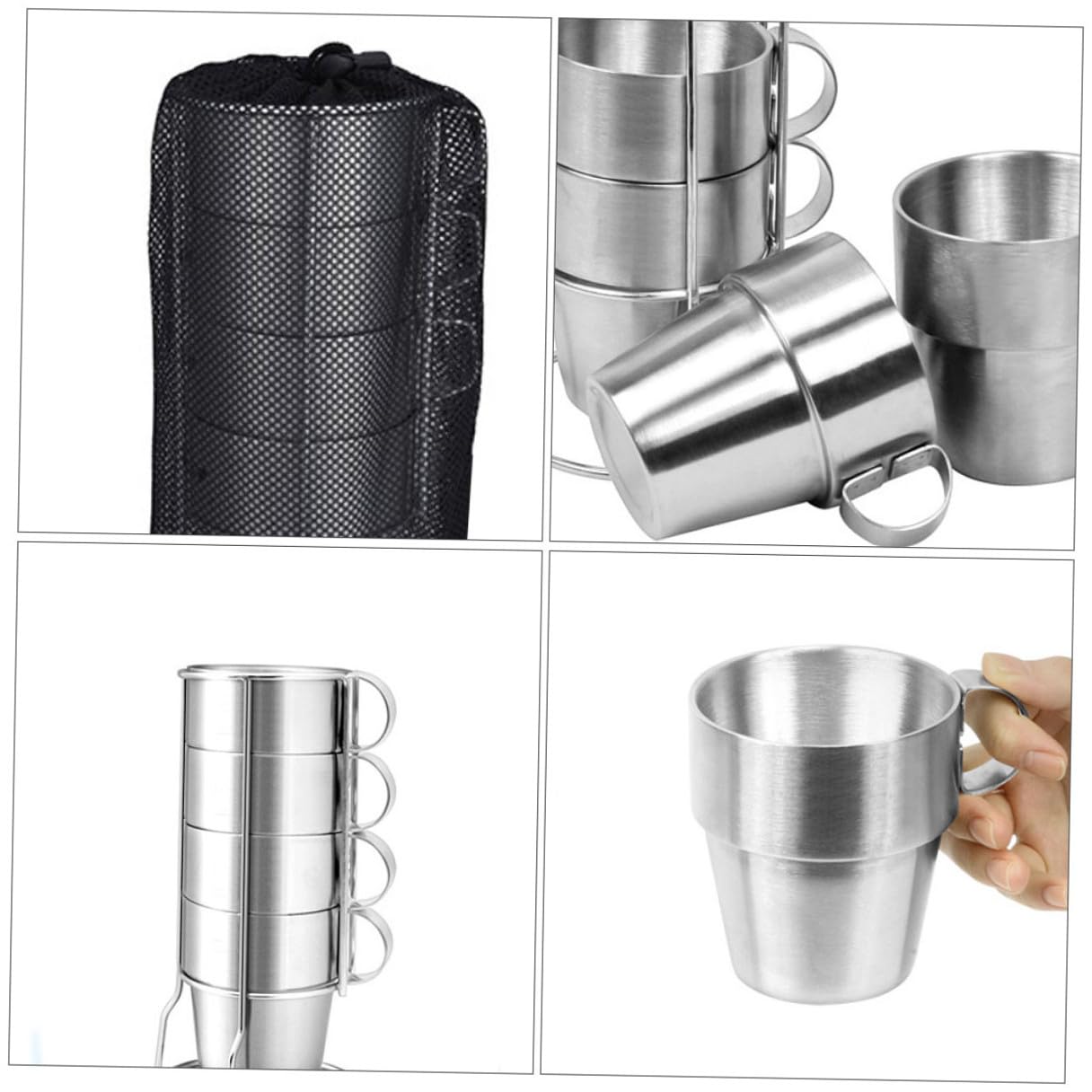 TIDTALEO Conjunto de 4 Tazas Térmicas de Acero Inoxidable Doble Capa para Camping Soporte de Malla, Aislamiento Térmico y Resistencia a Caídas, Adecuado para Exteriores