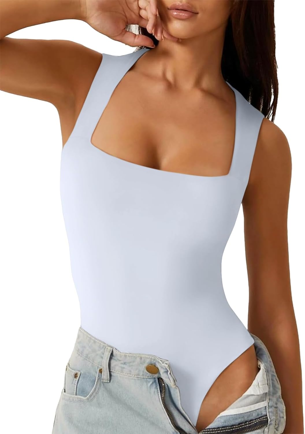 Cyanstyle Summer Tank Top Bodysuit for Women Sexy Square Neck Going Out Double Lined Sleeveless Body Suit White Small - Image 2