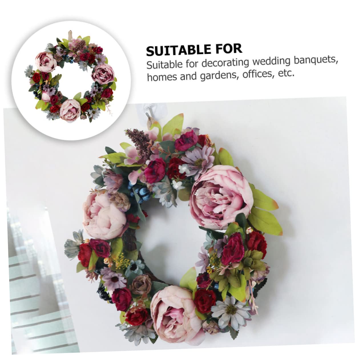 Corona di Peonie Artificiale Decorativa in Legno e Plastica per Casa