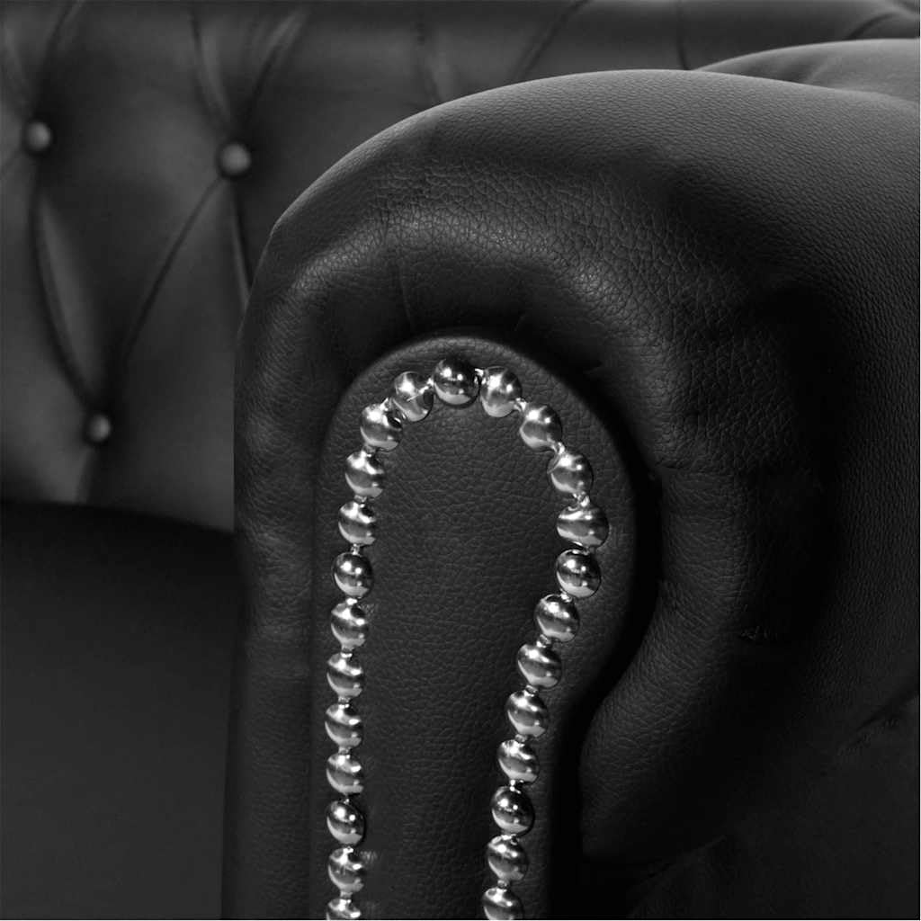 Sofá Chesterfield de 3 plazas, piel sintética, color negro, clásico con cierre de botones y remaches, elegante sofá acolchado de tres plazas para salón y oficina, 200,5 cm de ancho