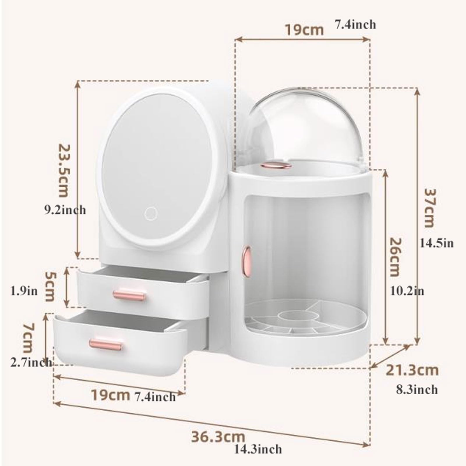 Scatola portaoggetti per Cosmetici, Organizer Girevole per Trucco, Organizer Girevole per la Cura della Pelle con Specchio e 2 cassetti, espositore per Cosmetici con Vassoio per profumi e Porta Rosse