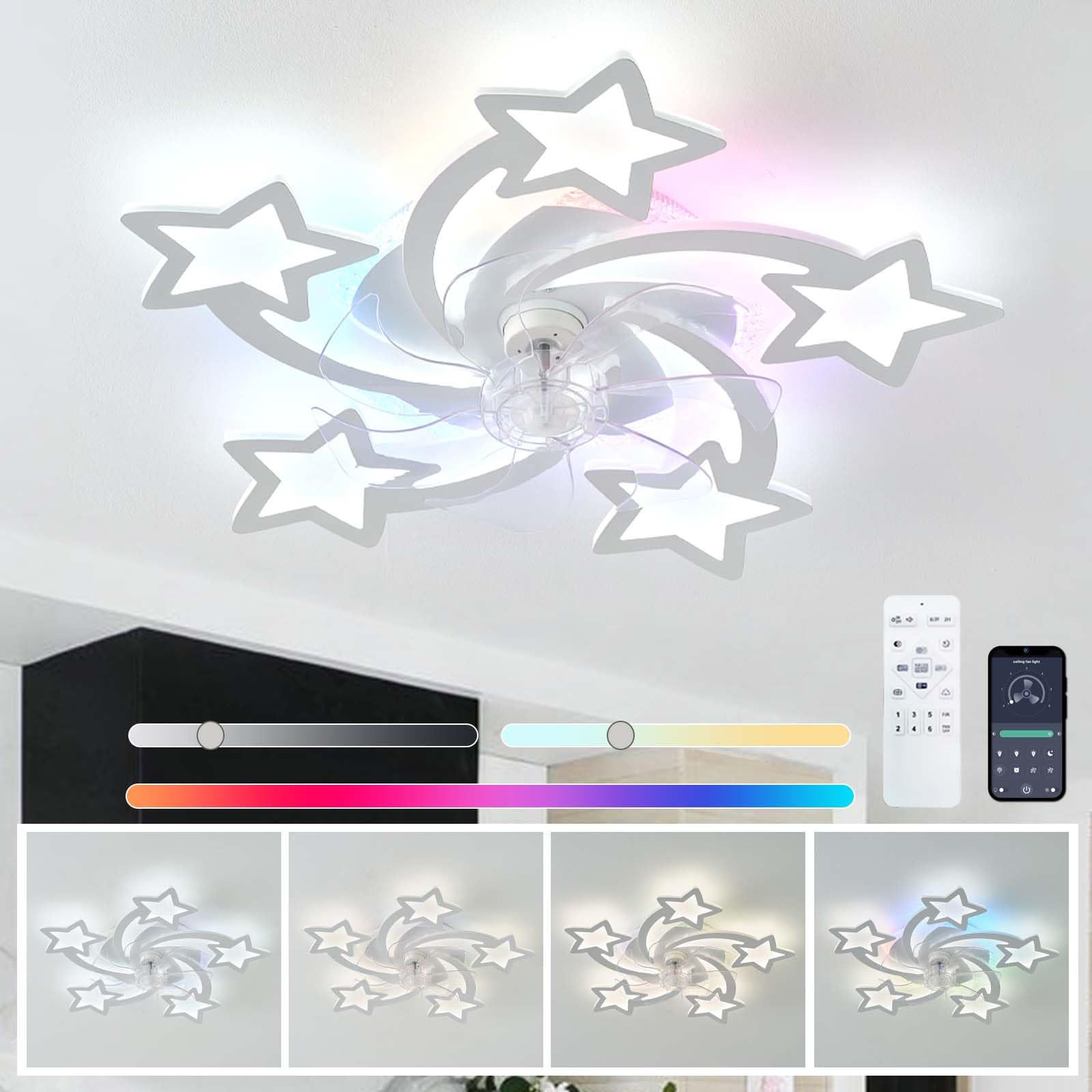 YFHKWJ Moderno Estrella Blanca Ventilador De Techo Con Luz Y Mando A Distancia Dormitorio Niños RGB Plafon Led Ventilador Motor DC 6 Velocidades Reversible Silencioso Para Salon Habitación Infantil