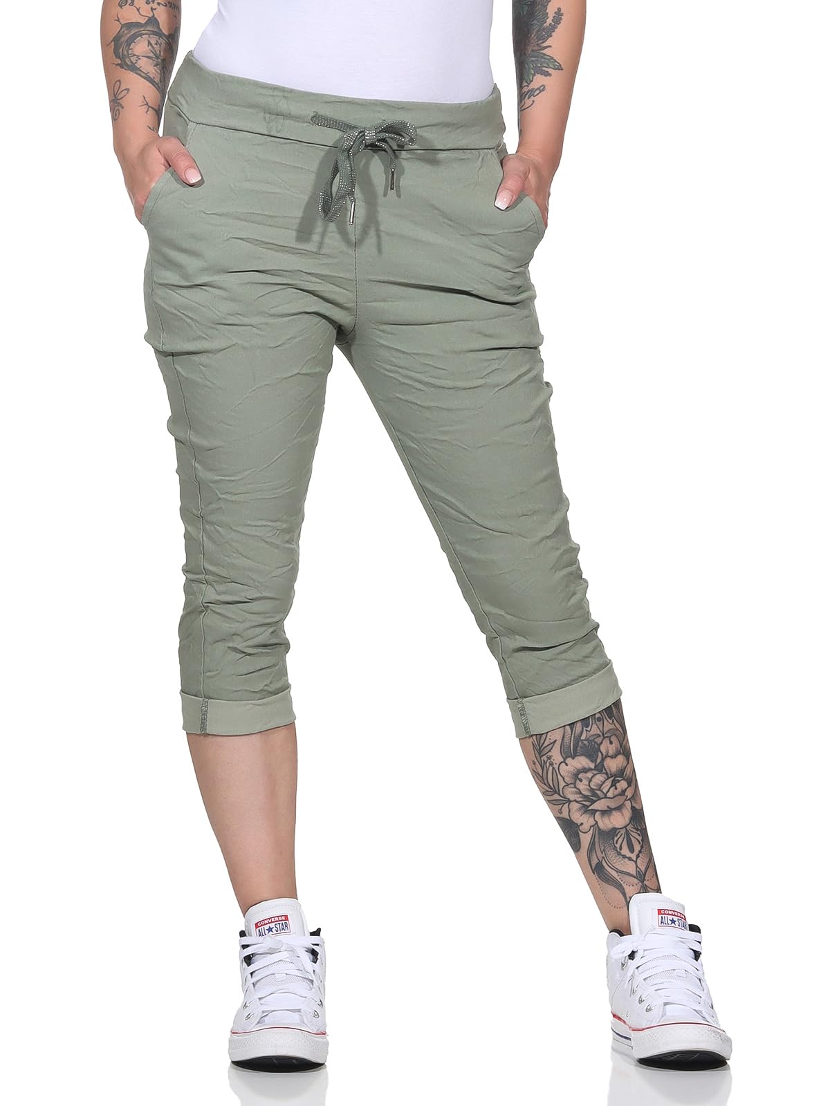 simaranda Damen Capri Hose Sommer Stretch Jogger | Bermuda 3/4 Shorts mit Kordelzug | Bequeme Stoffhose Einheitsgröße Gr. 34-40 | Casual Slip-On Freizeithose gekrempelt in 6 Farben 8264