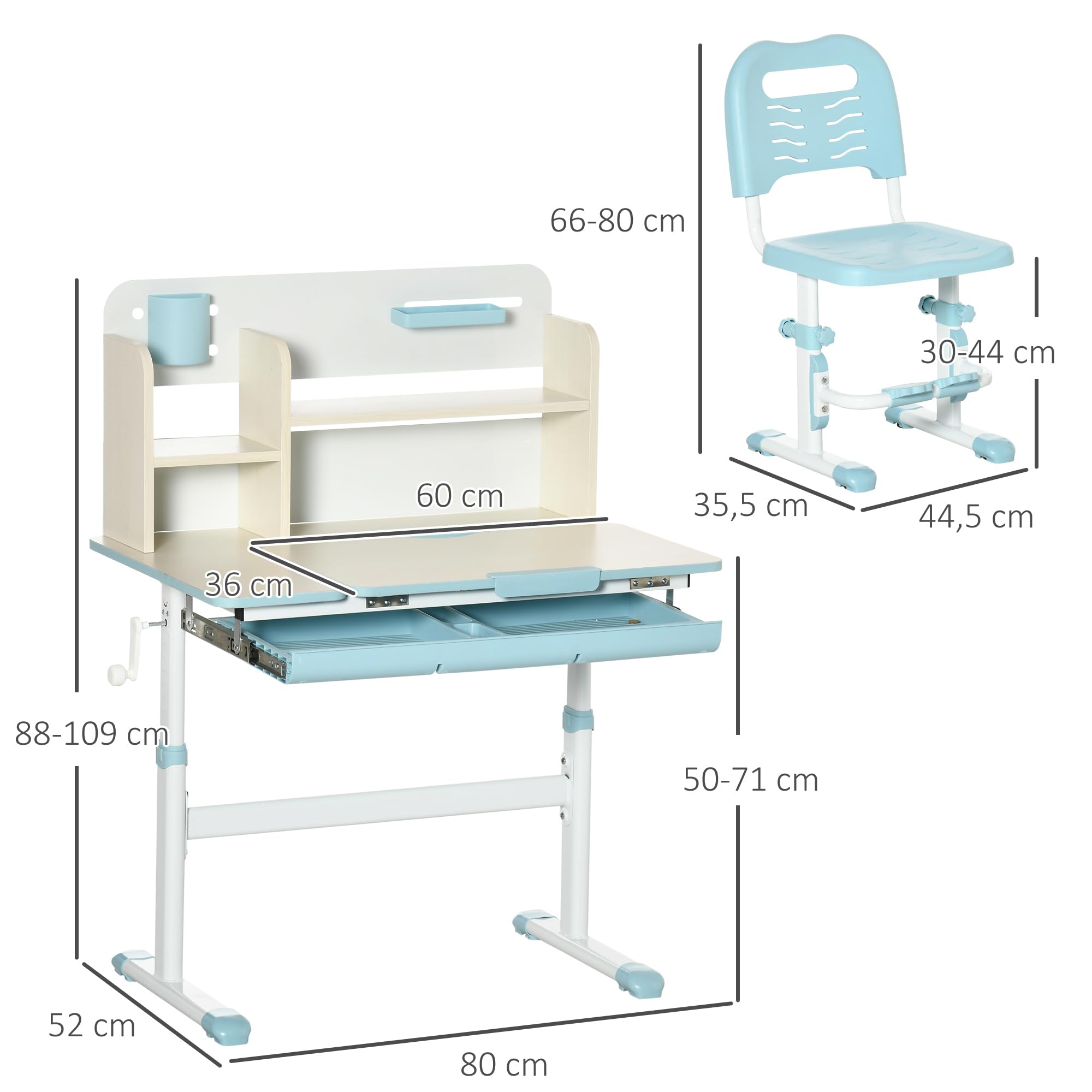 Homcom Bureau Enfant Réglable Hauteur Plateau Inclinable Tiroir Étagère Livres 80x52x88-109 cm Bleu