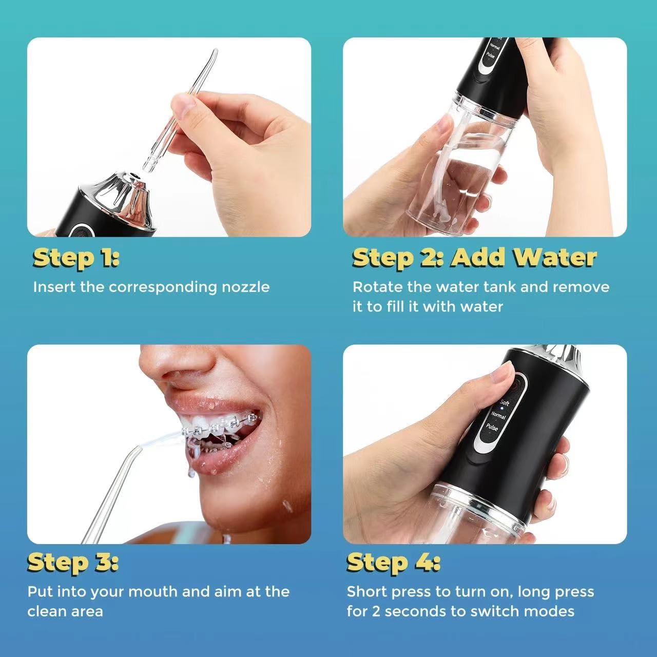 Irrigador dental de agua, portátil, inalámbrico, recargable, limpiador de riego de viaje, 3 modos, 4 chorros, IPX7, impermeable, eléctrico (negro)