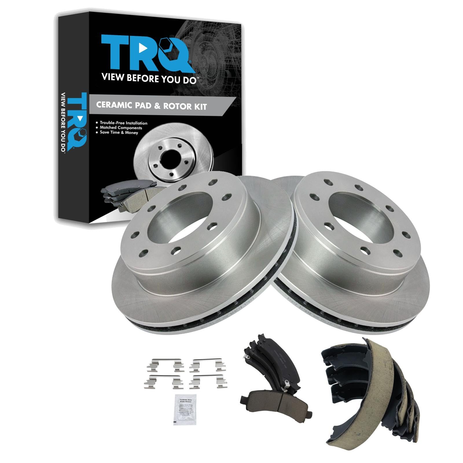TRQ Rear Brake Pad and Rotor Set Ceramic Parking Brake Shoe Compatible with 2003-2008 Chevrolet Express 2500 GMC Savana 2500 2005-2007 Express 3500 Savana 3500