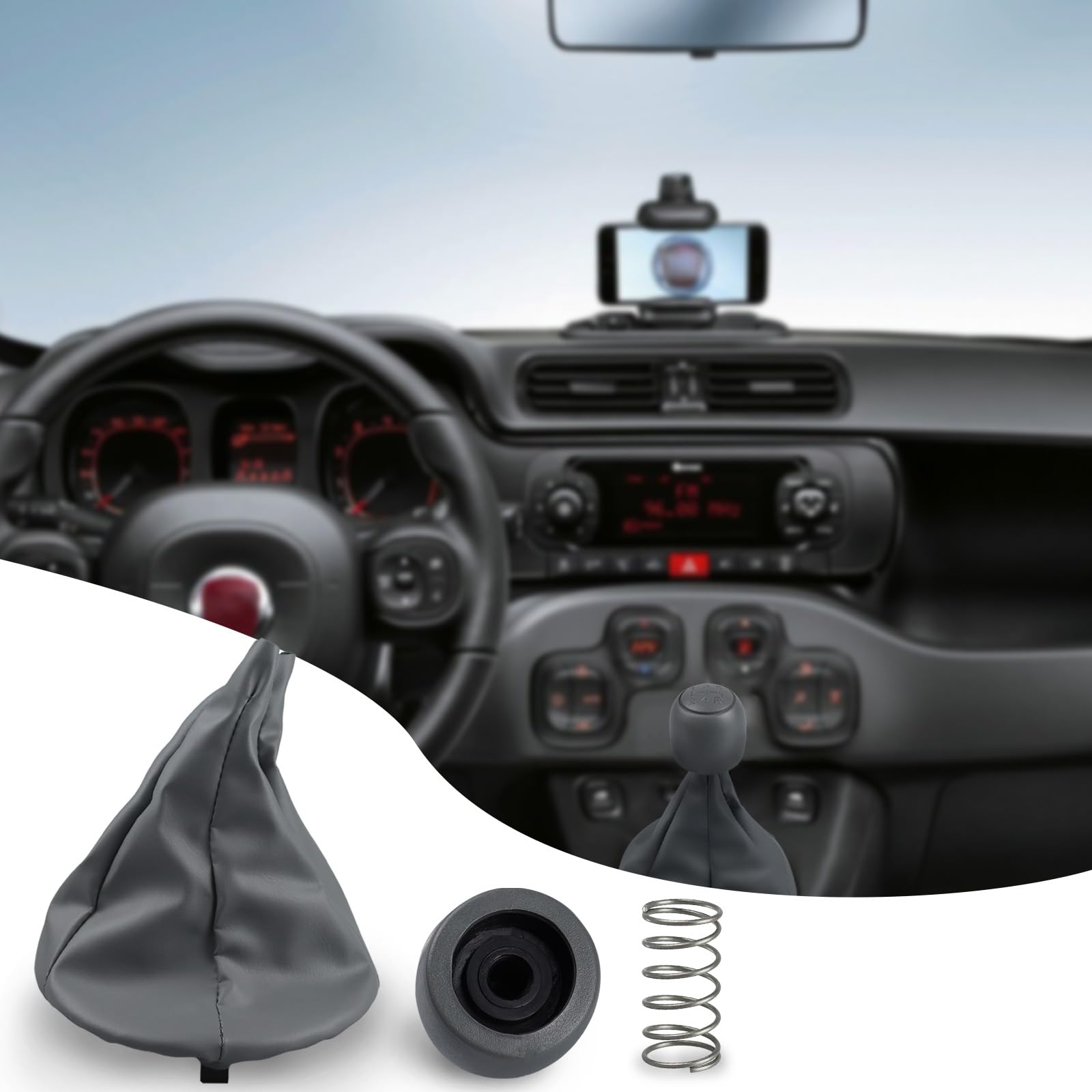 Cuffia Cambio e Pomello 5 Marce con Molla – Compatibile con Fiat Panda 169 2003-2011 – Kit Ricambio Leva Cambio Manuale Grigio