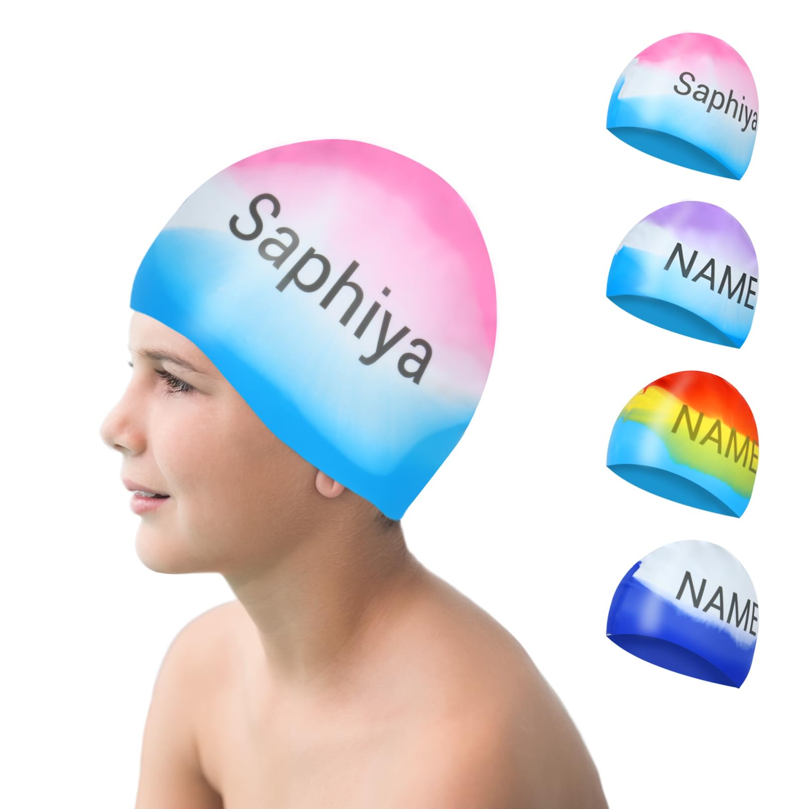 Swimming Cap Kids, Personalized Silicone Swimming Hat Kids with Name Waterproof Colorful Comfortable Anti Slip Boys Girls (Pink-Blue, M) — image 1