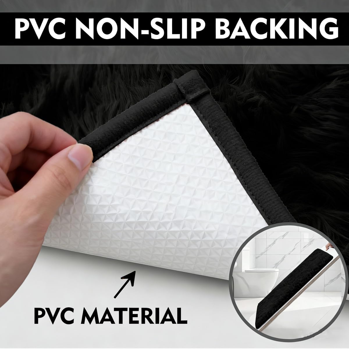 RUN HELIX Black Bathroom Rugs Sets 3 Piece Shaggy Bath Mat Non-Slip Mats Water Absorbent Bath Rug Floor Mats Soft Washable Shower Rug with U-Shaped Contour Rug Toilet Lid Cover Home Decor Accessories