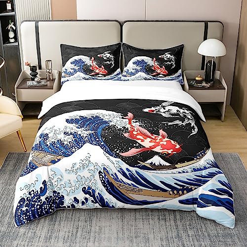 Homemissing Poisson Ukiyo - e Japonais 100% Coton Housse de Couette 240x260cm océan Surf Brocart Jeune Enfant Parure de lit Adulte Japonais Exotique Brocart Animaux...
