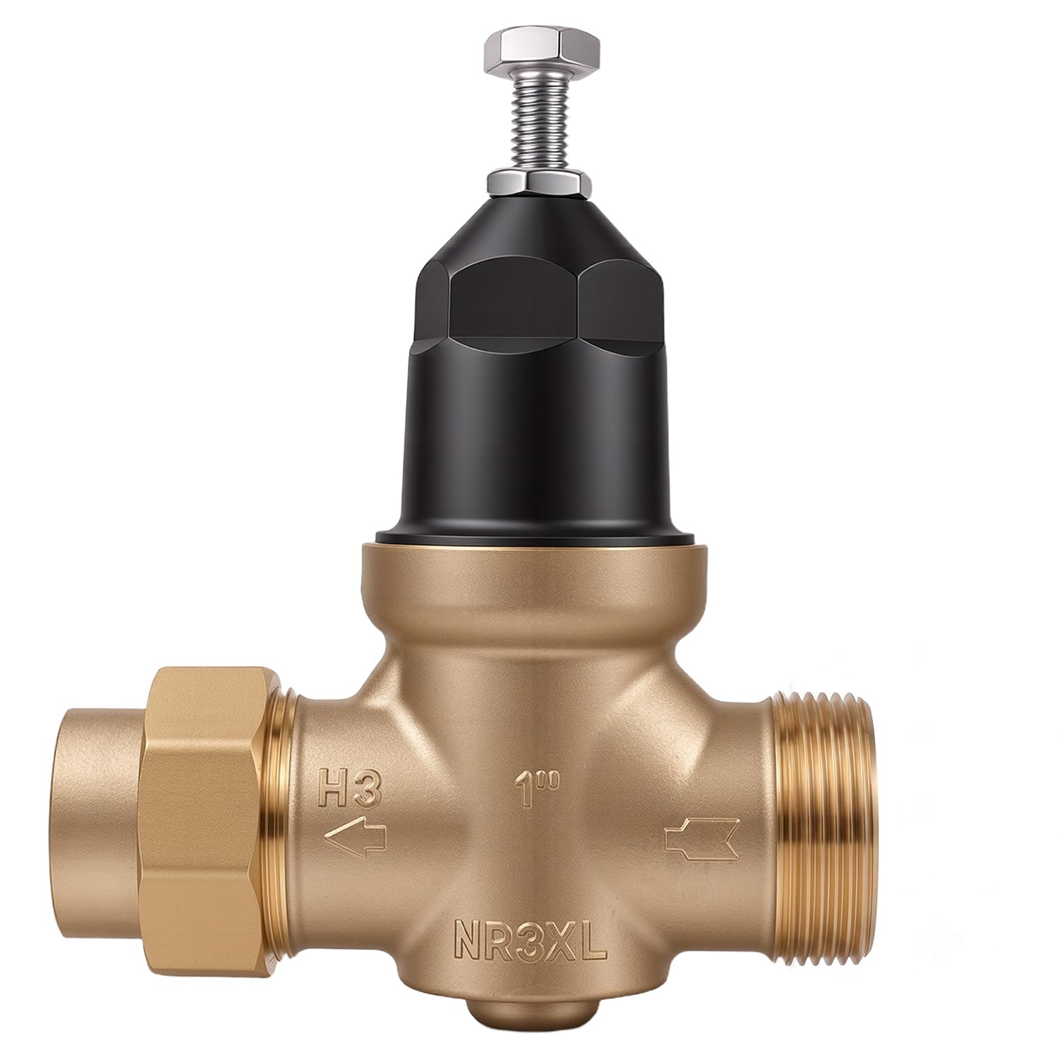 Upgraded 1" Brass Pressure Reducing Valve，Water Pressure Regulator for home with Double Union FNPT Connection - Stainless Steel Strainer Screen (Single Union FNPT)