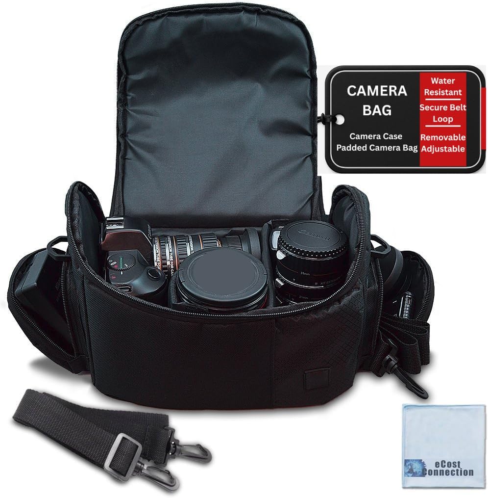 Deluxe Large Digital Camera / Video Padded Carrying Bag / Case for Nikon, Sony, Pentax, Olympus Panasonic, Samsung, and Canon DSLR Cameras & eCostConnection Microfiber Cloth