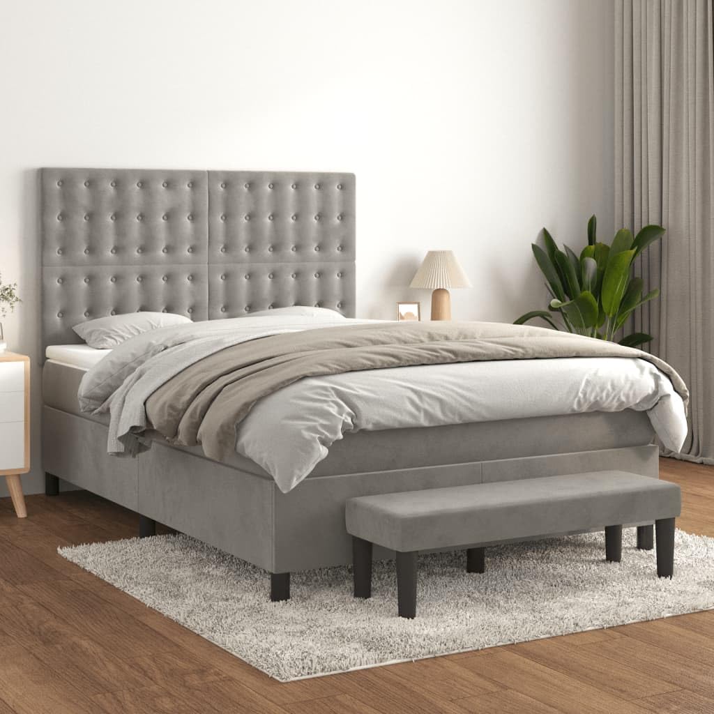 Aksamitny regulowany zagłówek kontynentalny szary 140x190cm | Łóżko kontynentalne z materacem i ławką, jasnoszary aksamit 140x190 cm, sprężyny kieszeniowe, regulowany zagłówek