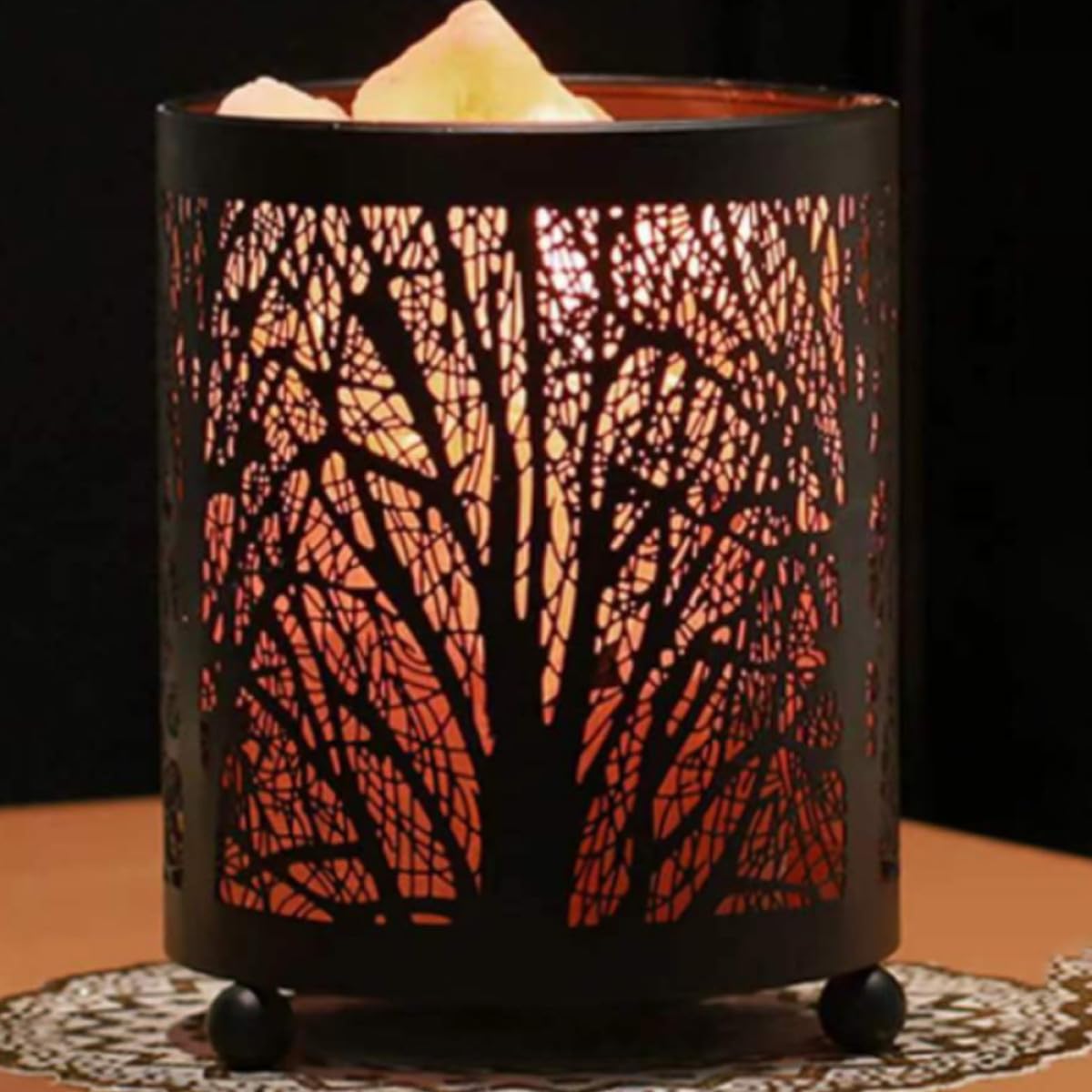 Veilleuse Lampe de Chevet Décorative en Sel, Fer Noir, avec Ampoules