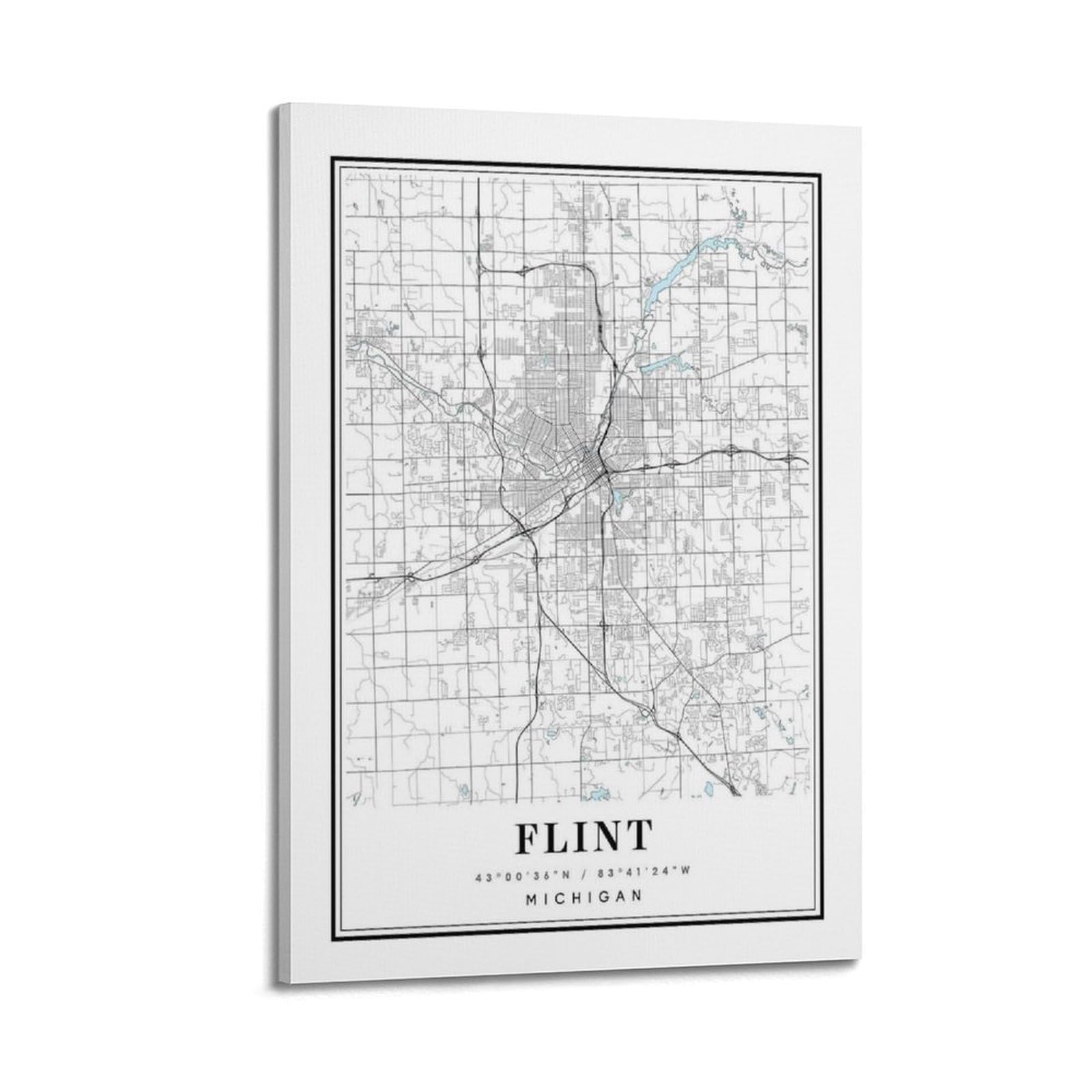 xiaoxiaoshen Flint Michigan Map Canvas Poster Wall Art Prints Room Aesthetic Murals Bedroom And Living Decorations 20x30inch(50x75cm)