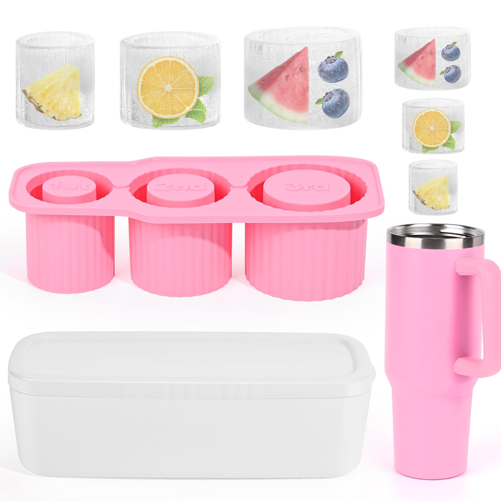 Stampo Per Ghiaccio Cilindrico In Silicone Per Bicchieri Stanley, 3 Scomparti, Con Coperchio, Colore Rosa, Per 20-40 Oz - 3