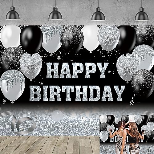 Telón de fondo plateado con purpurina, globo negro y plateado, fondo de fotografía Bokeh para mujeres y hombres, decoración de fiesta de cumpleaños, pancarta de 8 x 6 pies (240 x 180 cm)