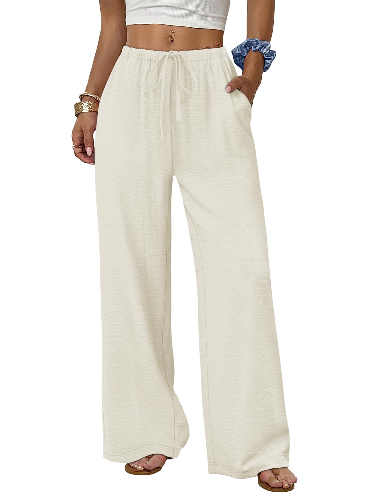 Cuptacc Pantalon Fluide Femme Été Taille Élastique Décontracté Pantalons Lin de Loisirs avec Poches à Jambes Larges