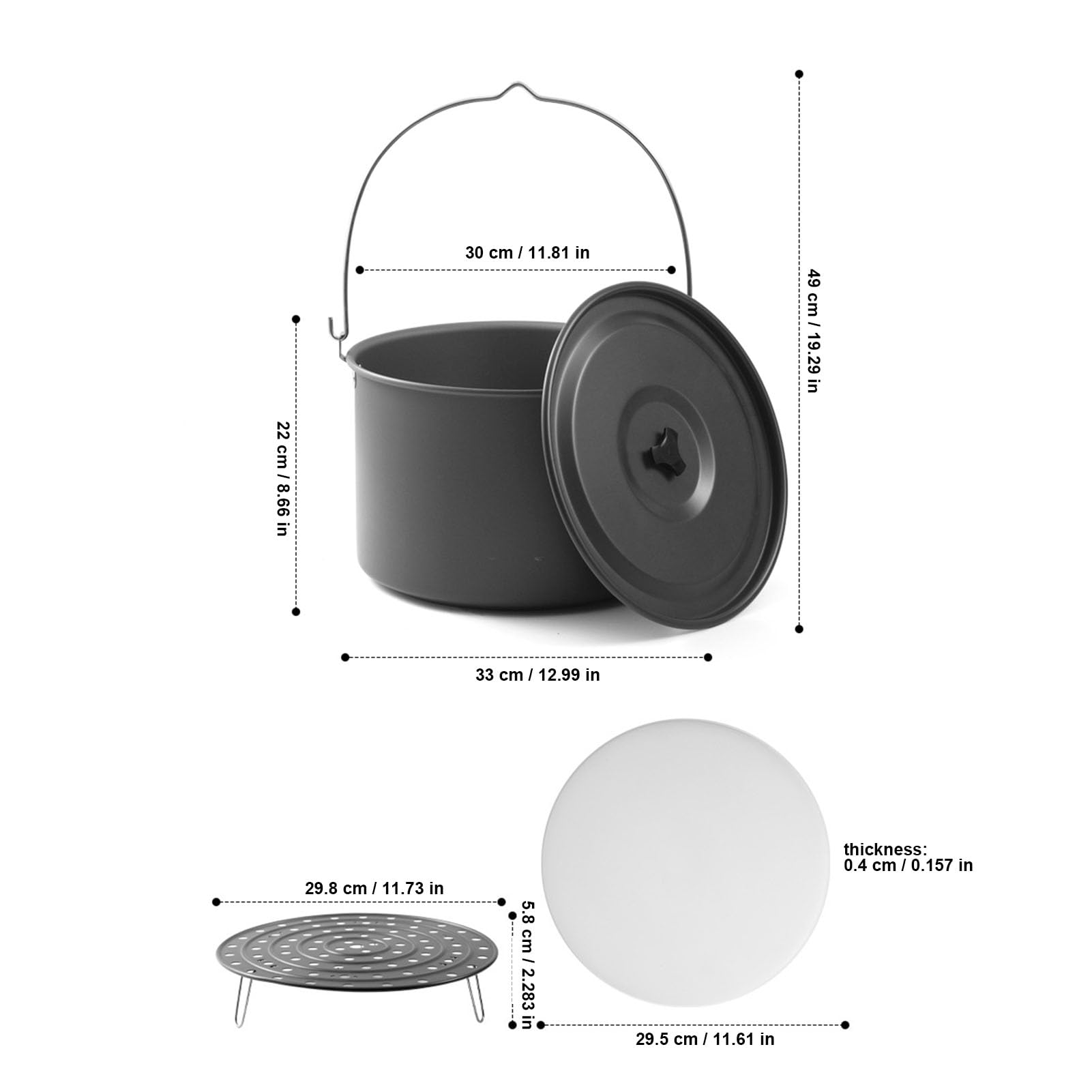 Olla Colgante para Acampar de Aleación de Aluminio con Mango Elevador de Tapa, Juego de Cocina para Olla Colgante Portátil Grande para Exteriores de 15 L para 8-10 Personas, para