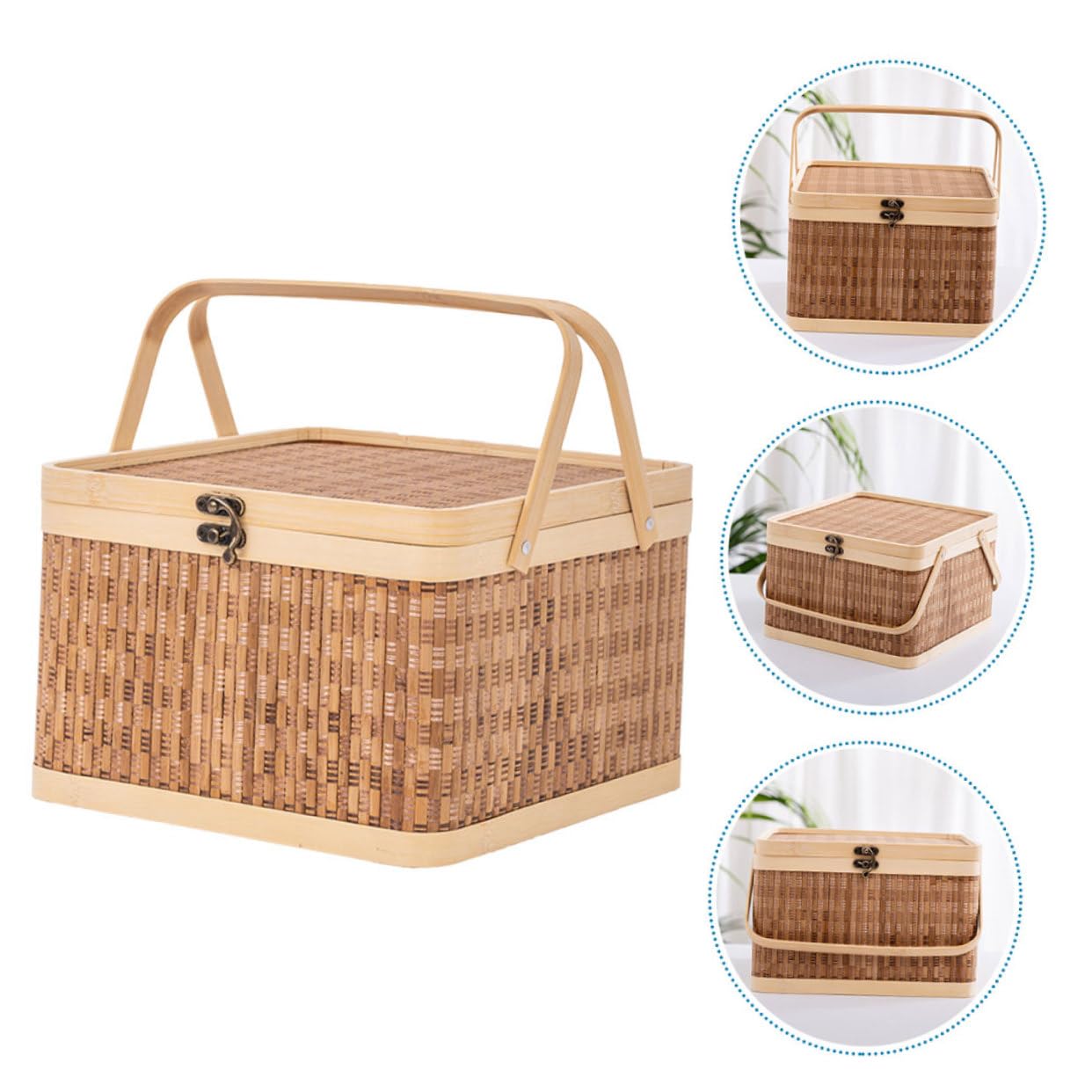Amazon｜IWOWHERO 編み込み竹製ハンドル付き収納バスケット 持ち運びに