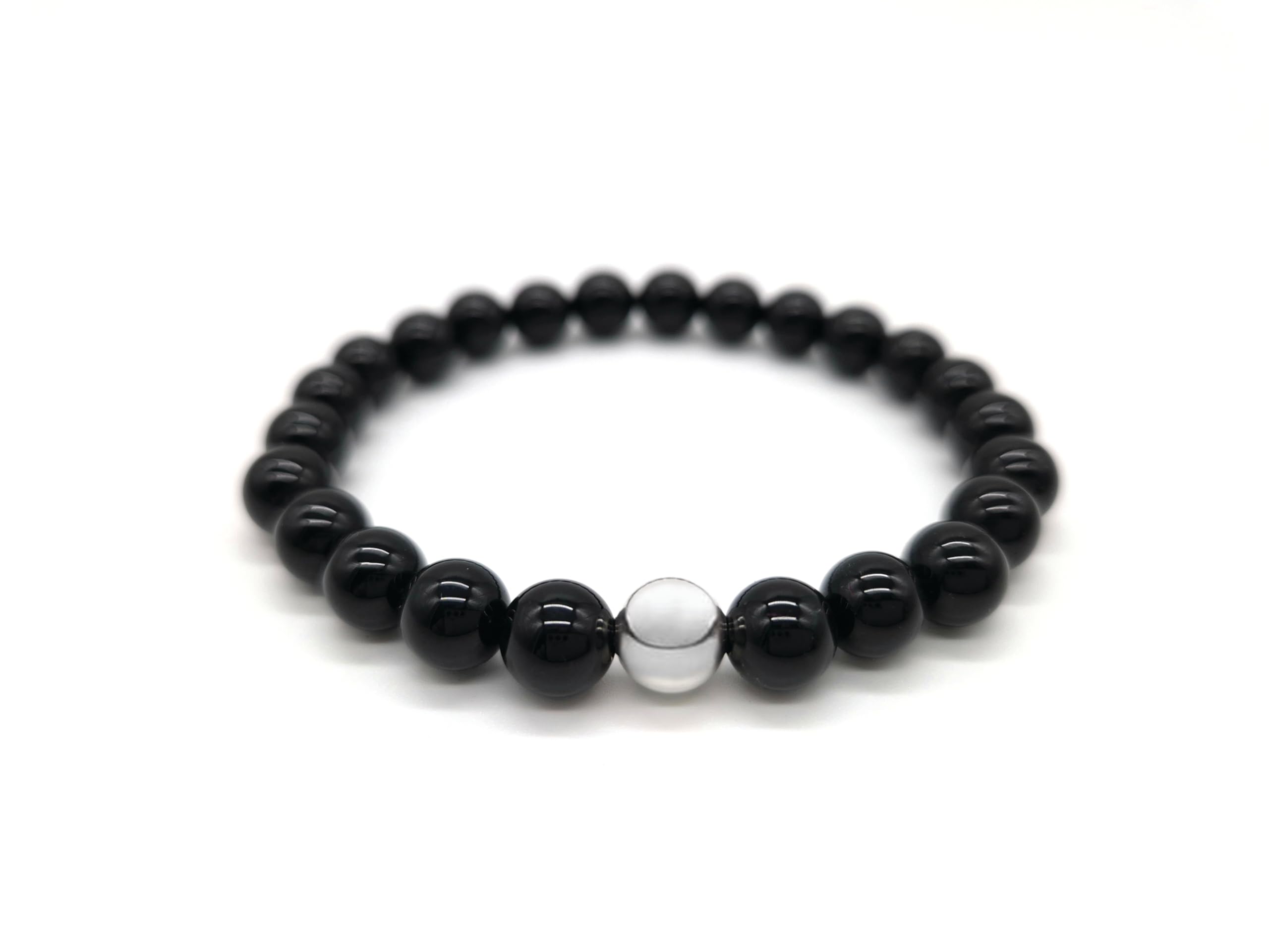 Nahle | Naturstein mit 925 Silberperle Armband | Naturstein Stretch- Armband | handgemachtes Perlenarmband | mit edler Schmuckschachtel (Onyx, 16cm)