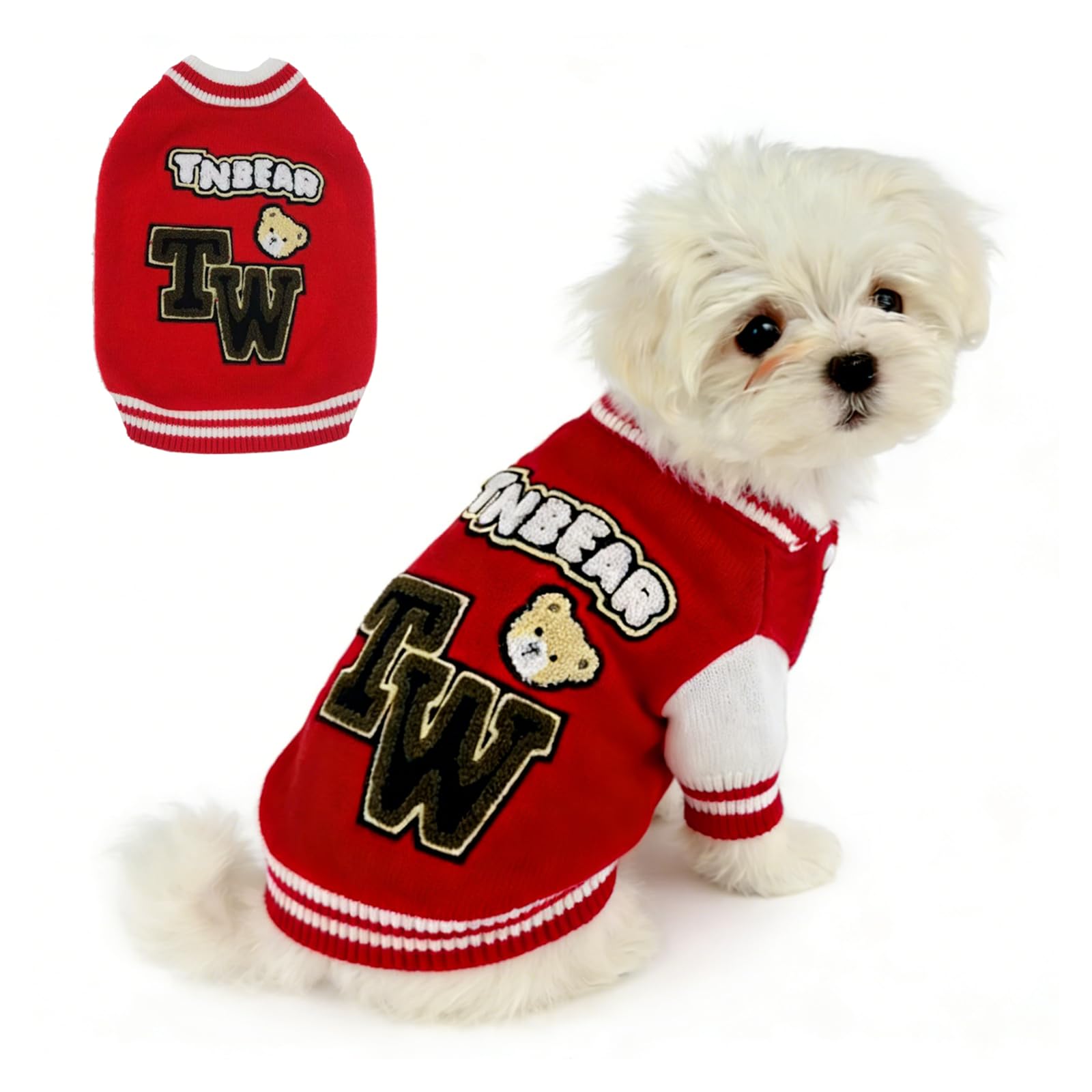 Red Knitted Dog Cardigan with Baseball Jacket Style - Warm Winter Jumper for Small & Medium Breed Pets (Size L)