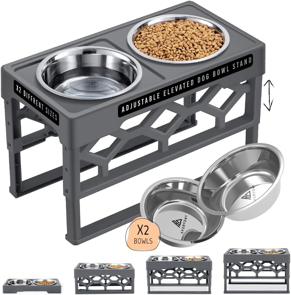 Elevated Adjustable Dog Bowl Feeding Stand, 3 Heights and
