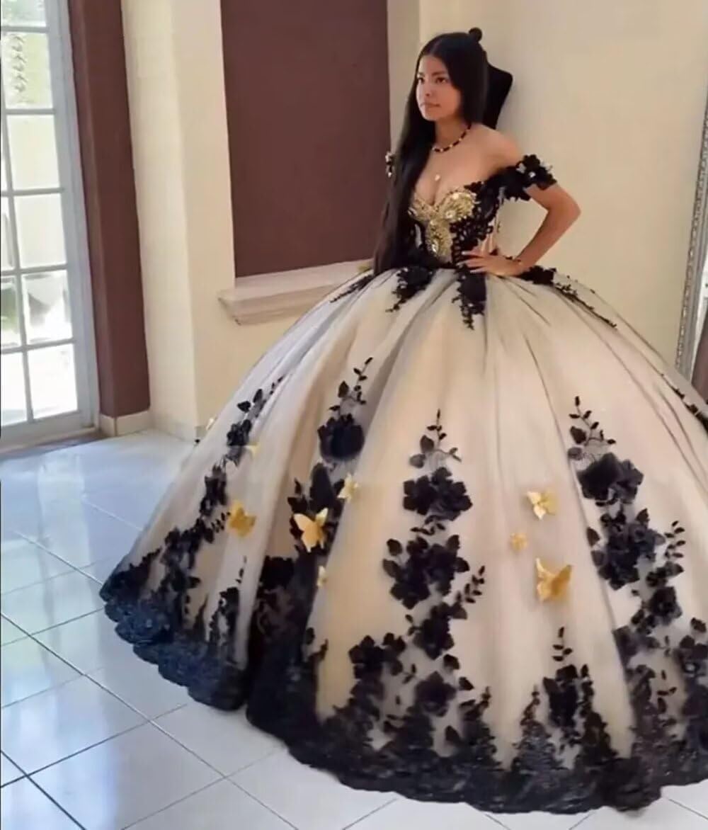 Tulle Quinceanera Dresses with Black Appliques Floral Beaded Sweet 16 Dresses Off Shoulder Party Gown AQ101
