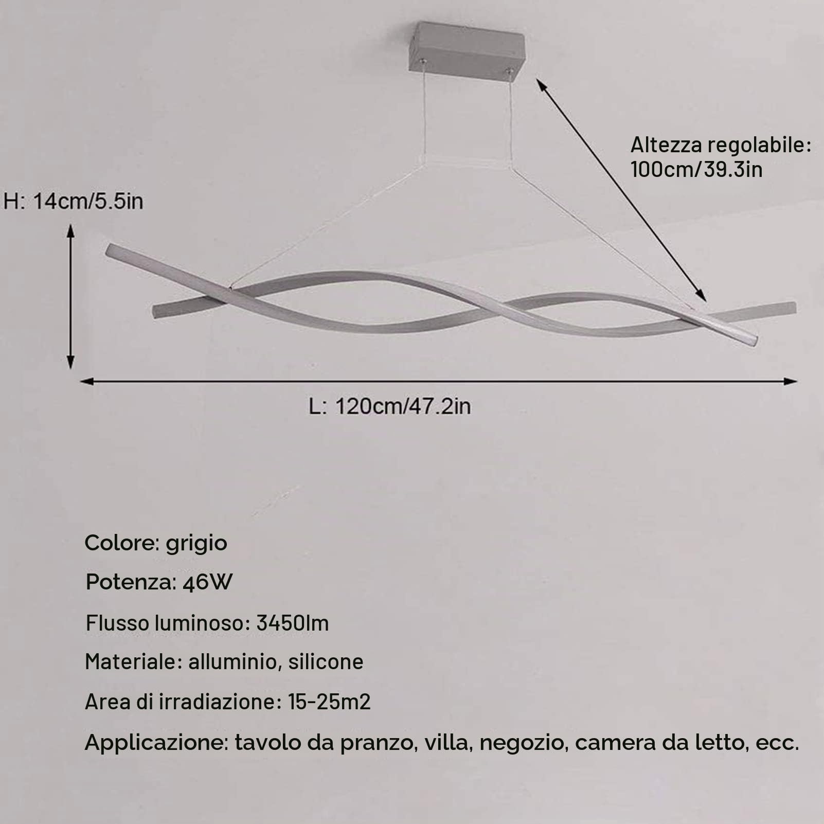 Soggiorno Dimmerabile Telecomando Luce Pendente, 120cm | lampadario per tavolo lungo a soffitto, led sospensione dimmerabile, Moderno Creativo Spirale Design Lampadario