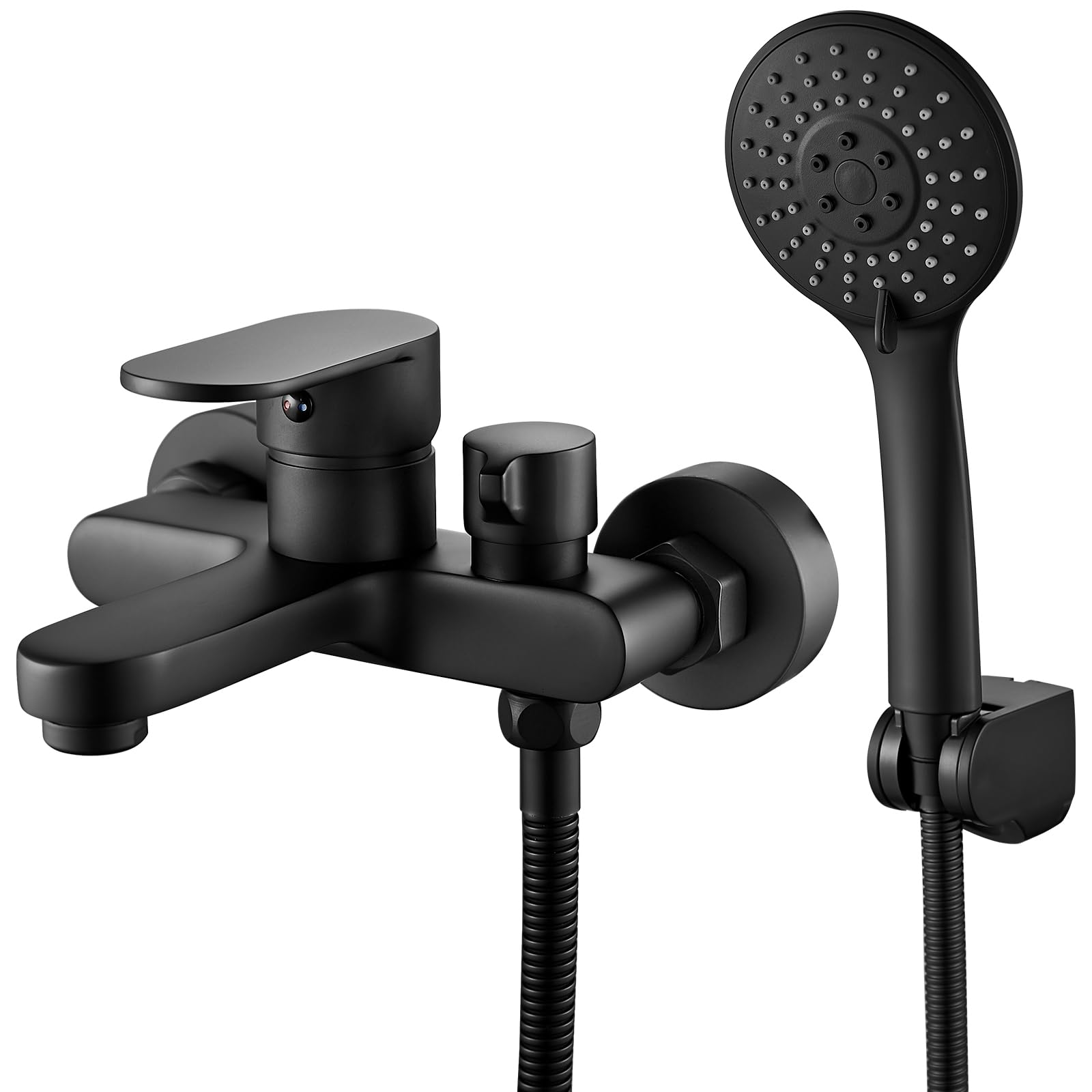 Grifo de Bañera Negro Con Alcachofa de Mano, Mezclador Para Ducha de Pared 150 mm, 3 Funciones, Color Negro Mate