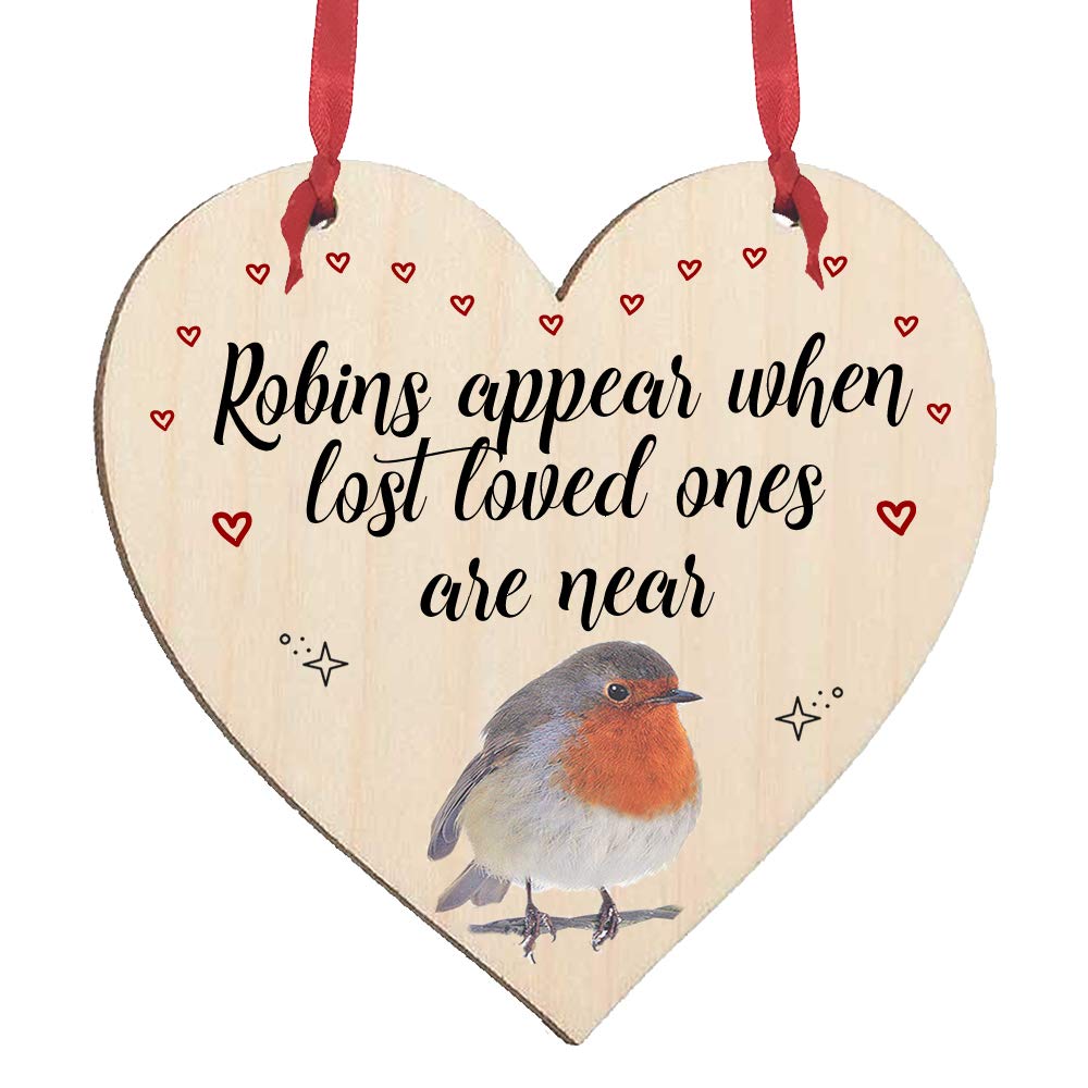Maisie Moo Gifts Limited Multicolor Robins Appear When Lost Loved Ones Are Near Wooden Memorial Love Heart Saying Thoughtful Hanging Sign Plaque Decoration (10Cm)