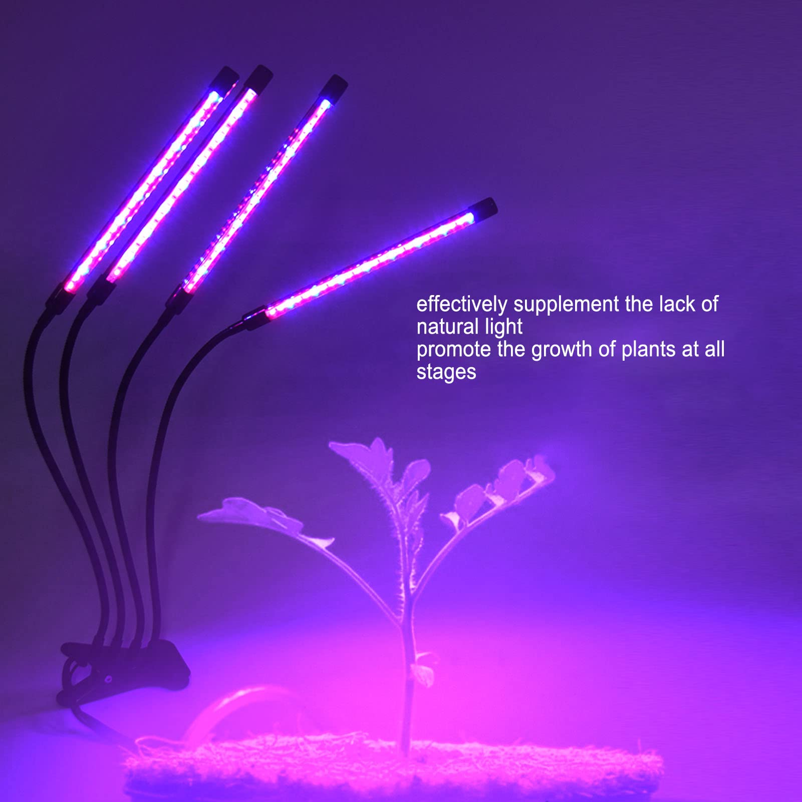 Plant Grow Light, 4 głowice Full Spectrum Growing Light 40W 3 ściemnialne poziomy Lampa LED do roślin z zaciskiem i zegarem do roślin domowych