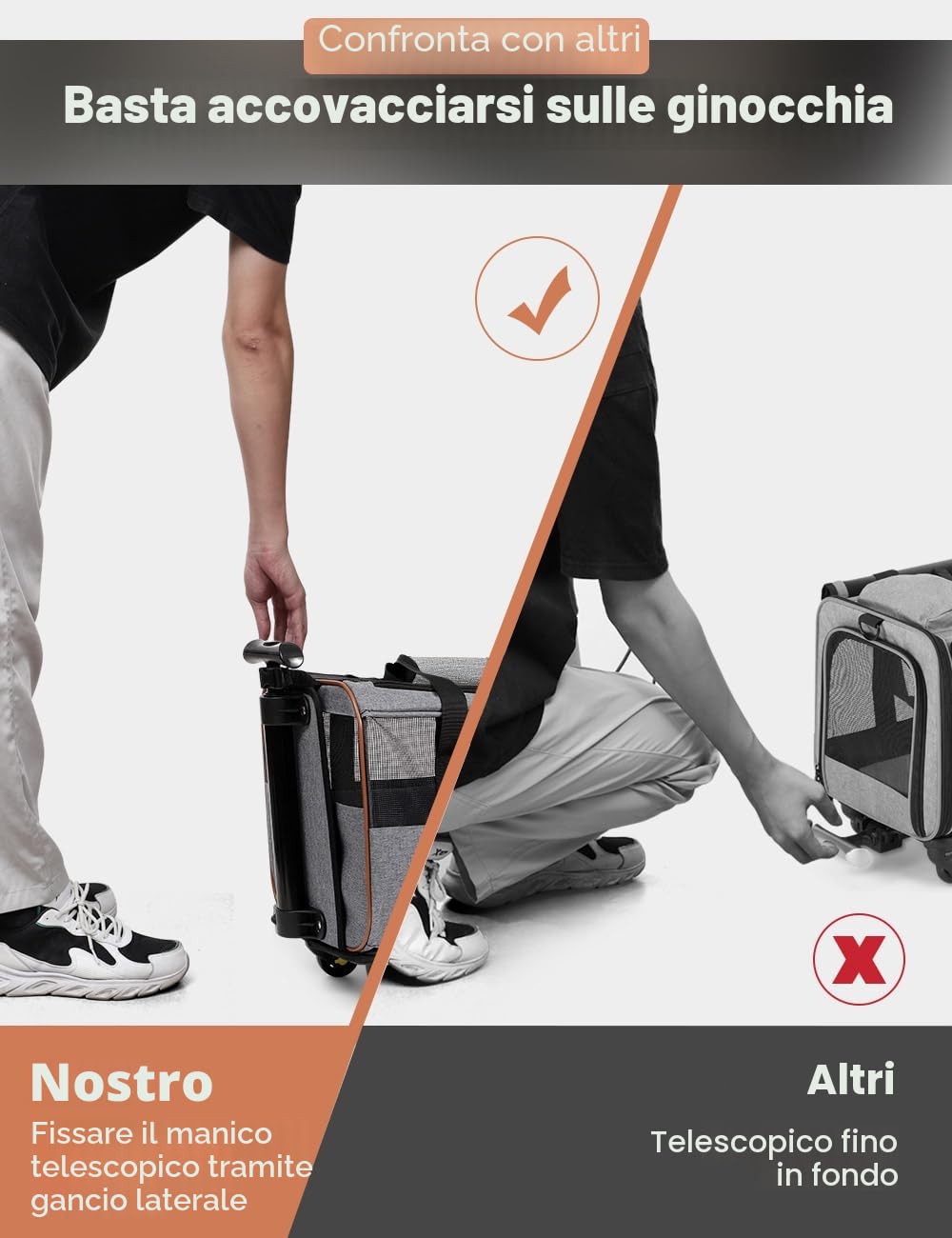 Trasportino per cani e gatti, con ruote, per il trasporto, per auto, con manico telescopico e tracolla, grigio