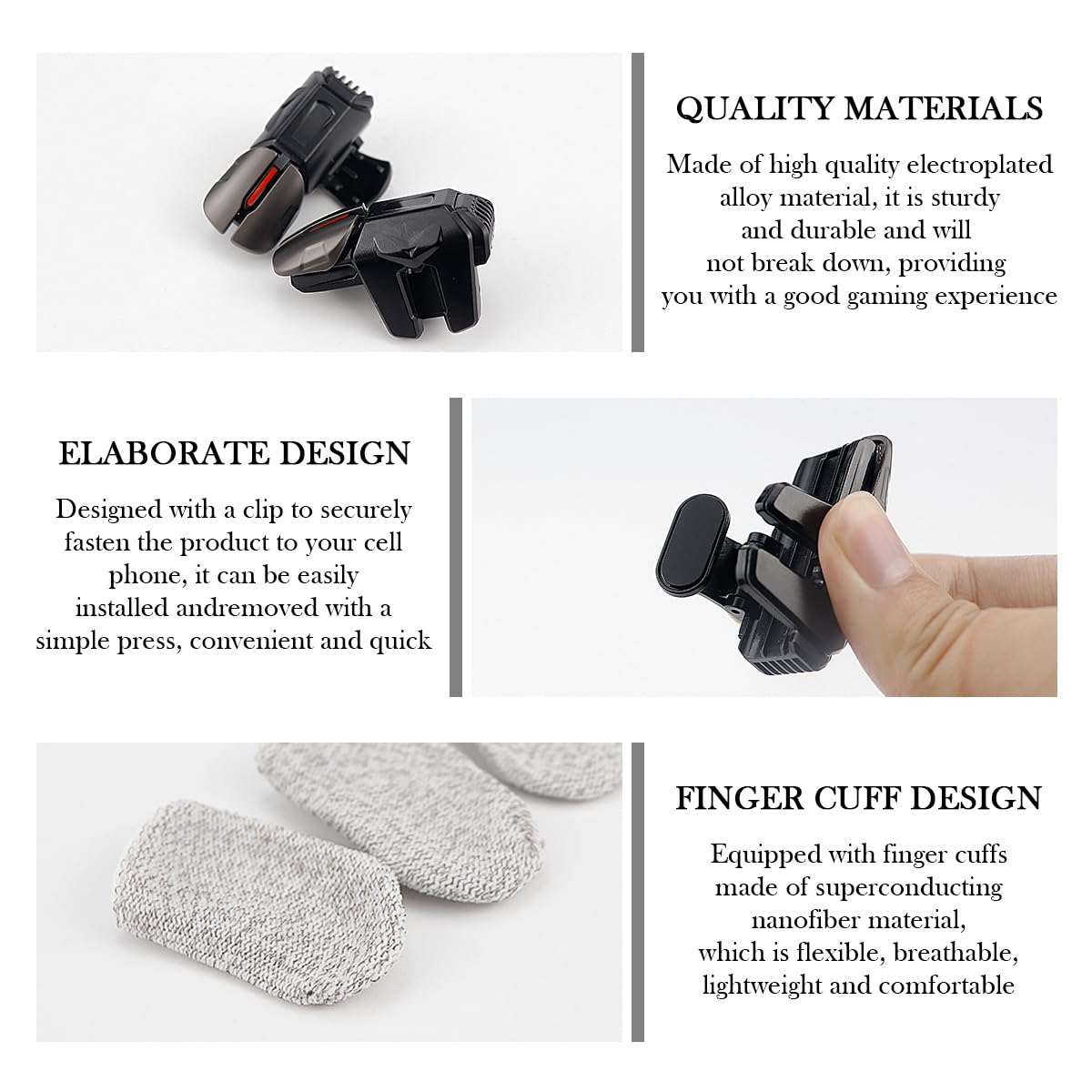 FERCAISH Game-Trigger mit Fingerhüllen, Mobiler Gamecontroller Empfindliche, Fingerschutz-Set Für Game-Trigger Mit Ios/Telefon (1 Paar Game-Trigger + 3 Paar Fingerhandschuhe)