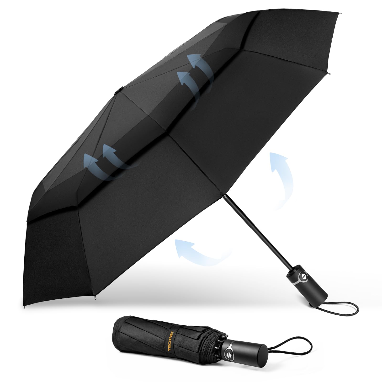 TECKNET Paraguas Plegable, Antiviento Sombrilla con Doble Cubierta para Hombres, Automático Abierto y Cierre, Ligero Portátil, Viaje Grandes Umbrella de 10 Varillas