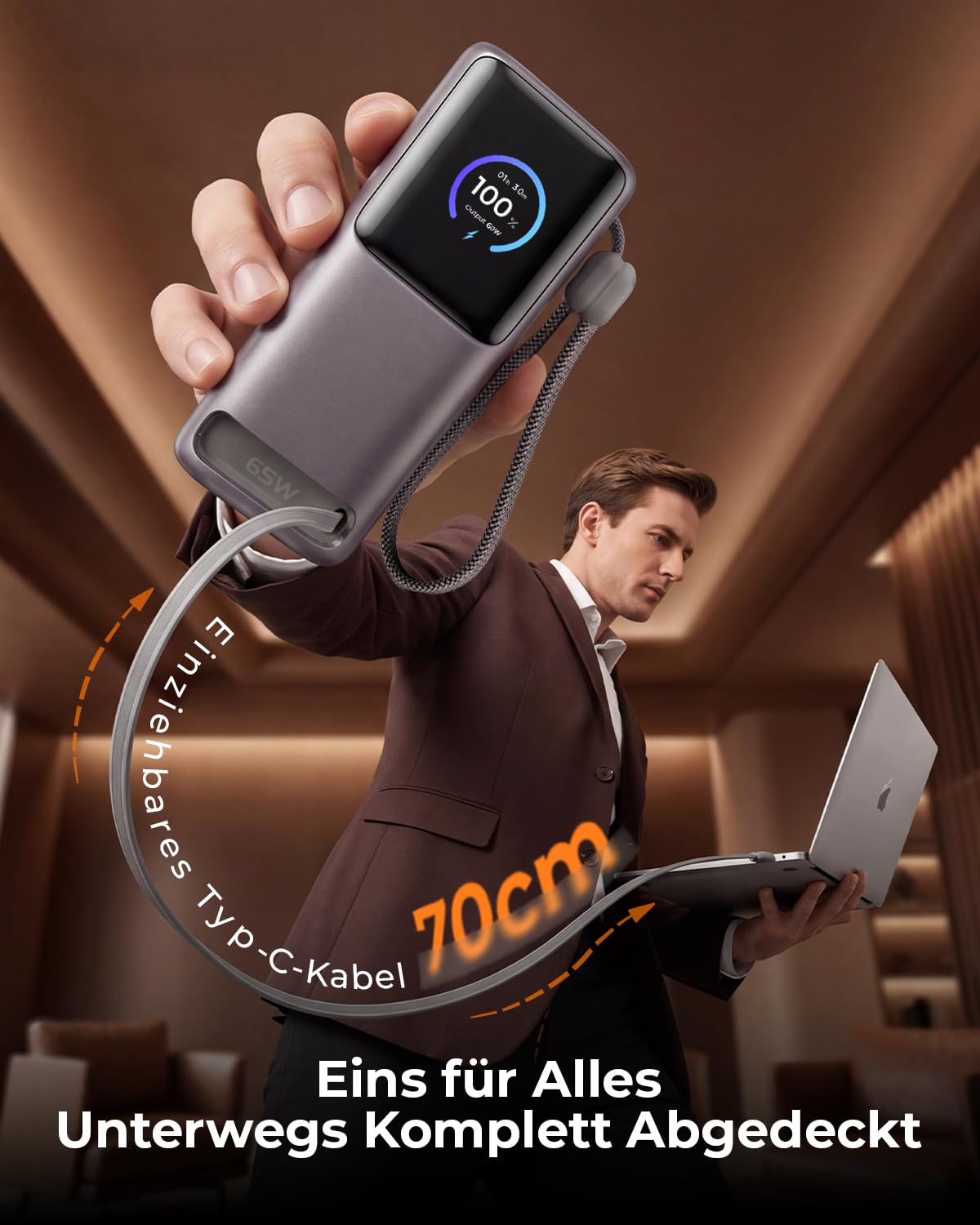 Havit Batería externa de 10000 mAh, carga rápida de 65 W, cable retráctil de 65 cm, compatible con iPhone 17/16/15 Series, Galaxy S25 Ultra, MacBook, Dell Laptop and More