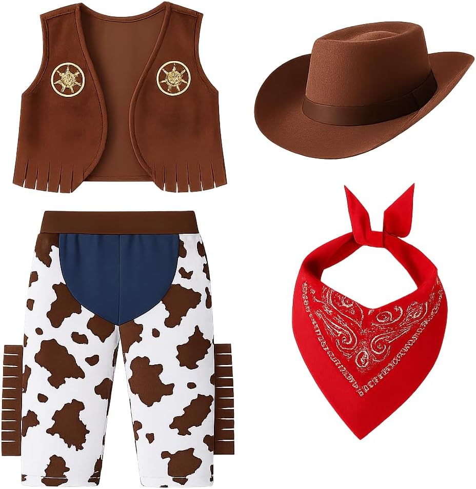Toddler Boy Brown Fringe Vest, Cow Print Pants, Western Hat & Red Bandana 4-Piece Cowboy Clothing Set