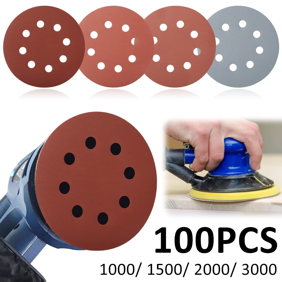 Papel de Lija abrasivo 100 Piezas de 125 mm 5 "Papso de Lija 1000-3000 Ruedas Redondas for pulir Almohadillas de Pulido Papel de Lija de lijadora de 8 Orificios 25