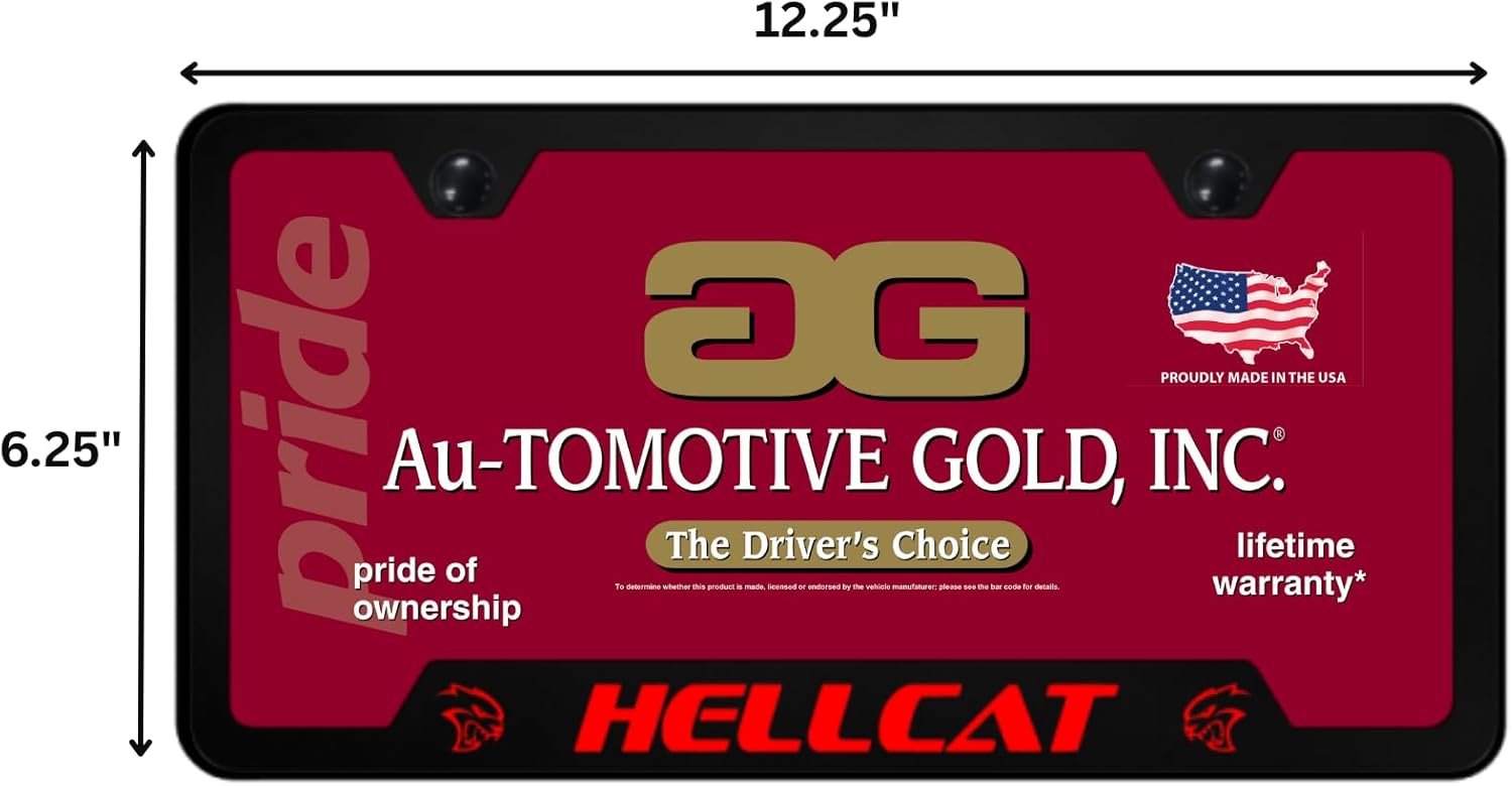 Au-TOMOTIVE GOLD, INC. Officially Licensed UV Print Logo on Black Polycarbonate Notched License Plate Frame for Hellcat (Red)