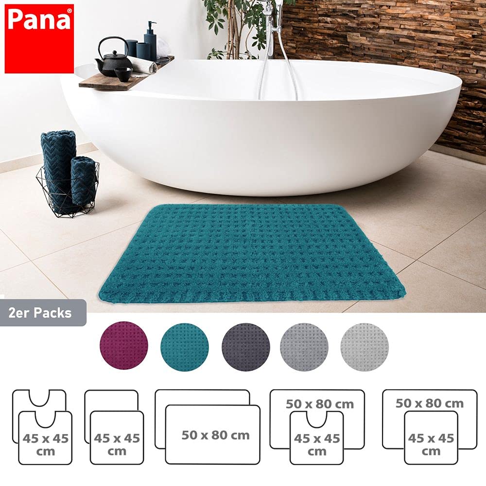 PANA® Flauschiges Badvorleger Set • Flauschige und rutschfeste Badematten • Weiche Mikrofasern • Badteppich 2er Set: WC Vorleger ohne Ausschnitt 45 x 45 cm + 50 x 80 cm • Farbe: Türkis