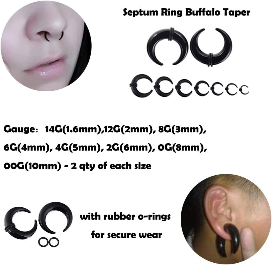 Wiazhu Acrylic Crescent Shaped Horseshoes Taper Set Pincher Septum Rings Gauges 14G 12G 8G 6G 4G 2G 0G 00G, 8 Black Pairs