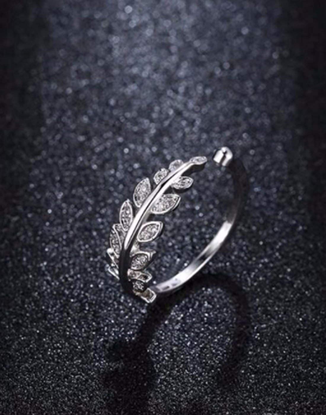 Adjustable Crystal Ring with Cubic Zircon Leaf Shape